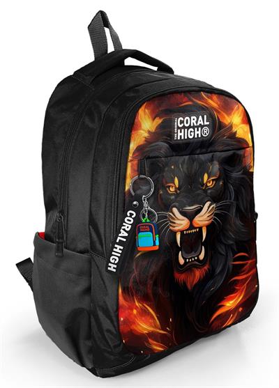 Coral High Siyah Kükreyen Aslan Desenli Erkek Çocuk İlkokul ve Ortaokul Sırt Çantası - Üç Bölmeli 23671
