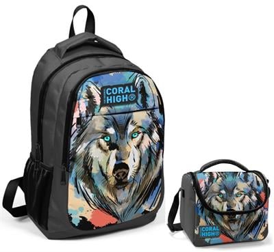 Coral High Siyah Kurt Okul Sırt ve Beslenme Çantası Seti - Erkek Çocuk