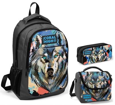 Coral High Siyah Kurt Üçlü İlkokul Okul Çanta Seti - Erkek Çocuk