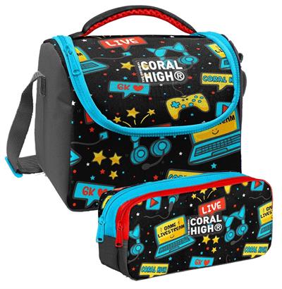 Coral High Siyah Mavi Gamer Desenli Erkek Çocuk Isı Yalıtımlı Beslenme Çantası ve Kalemlik Seti