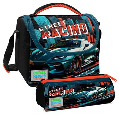Coral High Siyah Nefti Yarış Arabası Desenli Erkek Çocuk Isı Yalıtımlı Beslenme Çantası ve Kalemlik Seti