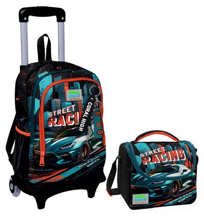 Coral High Siyah Nefti Yarış Arabası Işıklı Tekerlekli Okul Çantası ve Beslenme Seti - Erkek Çocuk