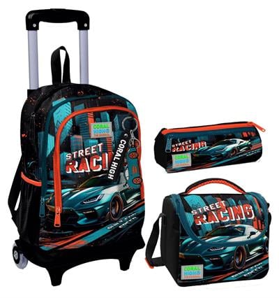 Coral High Siyah Nefti Yarış Arabası Üçlü Çekçek Işıklı Tekerlekli Çanta Seti - Erkek Çocuk