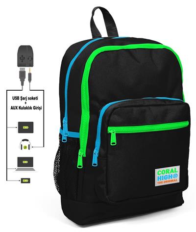 Coral High Siyah Okul Çantası ve Beslenme Çantası Seti - USB Soketli