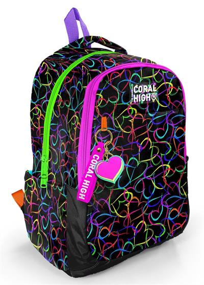 Coral High Siyah Pembe Kalp Desenli Kız Çocuk İlkokul ve Ortaokul Sırt Çantası - Üç Bölmeli 23670