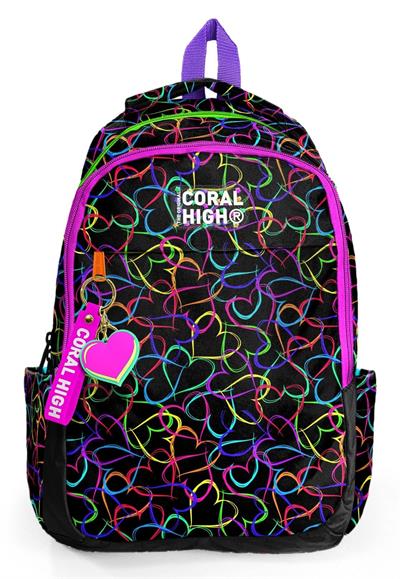 Coral High Siyah Pembe Kalp Desenli Kız Çocuk İlkokul ve Ortaokul Sırt Çantası - Üç Bölmeli 23670