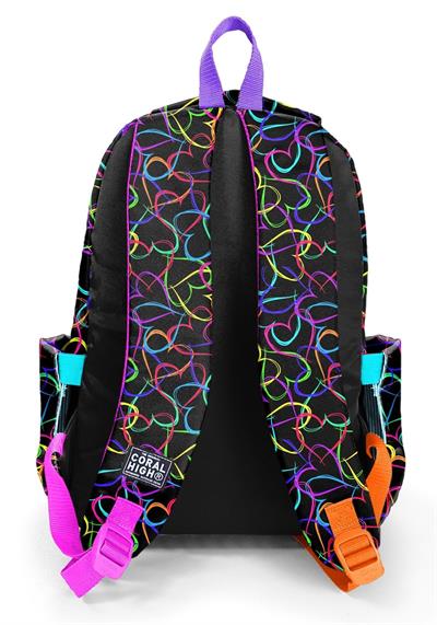 Coral High Siyah Pembe Kalp Desenli Kız Çocuk İlkokul ve Ortaokul Sırt Çantası - Üç Bölmeli 23670