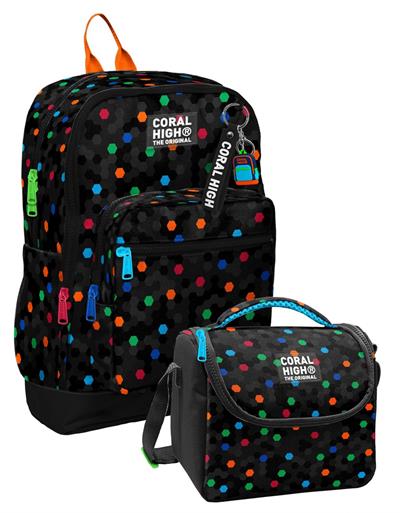 Coral High Siyah Petek Desenli Erkek Çocuk Sırt Çantası ve Beslenme Çantası Seti (4 Gözlü Sırt Çantası)