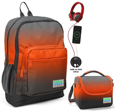 Coral High Siyah Turuncu Gradyan Okul ve Beslenme Çantası Seti - Usb Soketli - Erkek Çocuk