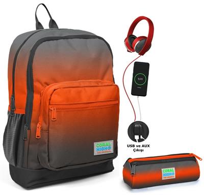 Coral High Siyah Turuncu Gradyan USB Soketli Okul Çantası ve Kalemlik Seti - Erkek Çocuk