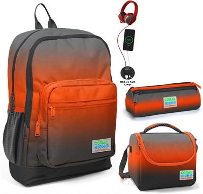 Coral High Siyah Turuncu Gradyan USB Soketli Üçlü İlkokul Çanta Seti - Erkek Çocuk