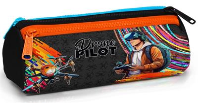 Coral High Siyah Turuncu Renk Drone Pilotu Baskılı Erkek Çocuk Üç Bölmeli Kalem Çantası 22096