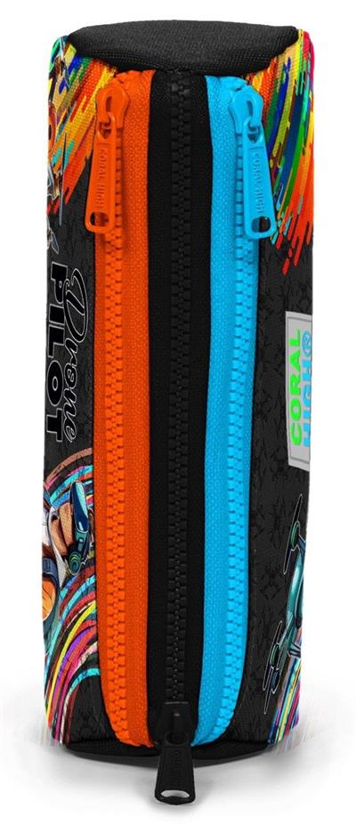 Coral High Siyah Turuncu Renk Drone Pilotu Baskılı Erkek Çocuk Üç Bölmeli Kalem Çantası 22096