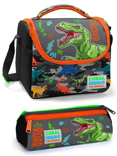 Coral High Siyah Turuncu Yeşil Dinazor Baskılı Erkek Beslenme Çantası Seti