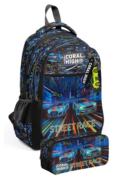 Coral High Siyah Yarış Arabası Baskılı Erkek Çocuk İlkokul Sırt Çantası ve Kalem Çantası Seti - SETYGN33259C