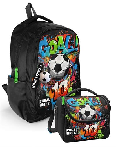 Coral High Siyah Yeşil Goal Baskılı Erkek Çocuk İkili Sırt Çantası+Beslenme Çantası Seti