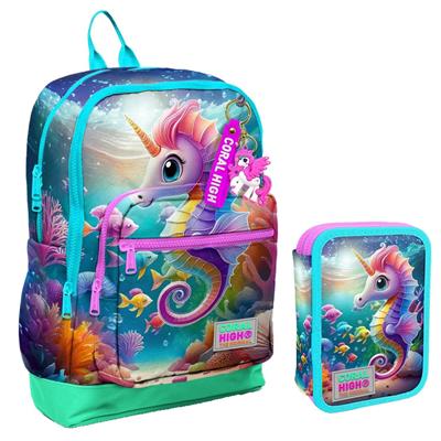 Coral High Su Yeşili Denizatı Kız Çocuk Okul Çantası ve Organizer Kalemlik Seti 23772 11144
