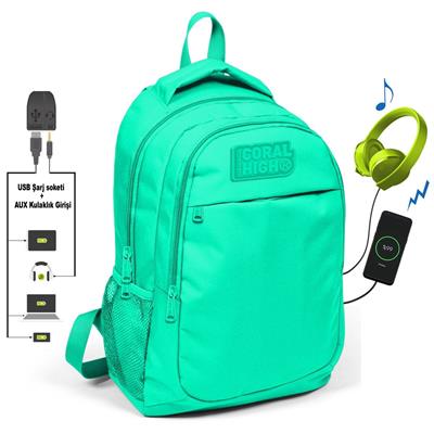Coral High Su Yeşili İlk ve Ortaokul Sırt Çantası - USB ve AUX Çıkışlı