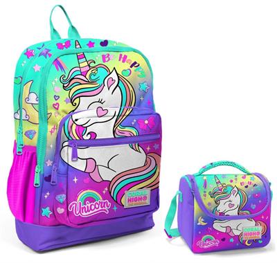 Coral High Su Yeşili Lavanta Unicorn Okul Sırt ve Beslenme Çantası Seti - Kız Çocuk