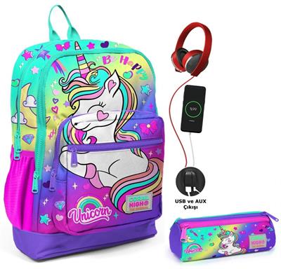 Coral High Su Yeşili Lavanta Unicorn USB Soketli Okul Çantası ve Kalemlik Seti