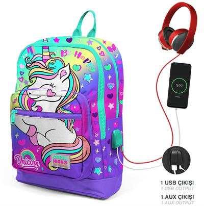 Coral High Su Yeşili Lavanta Unicorn USB Soketli Okul Çantası ve Kalemlik Seti