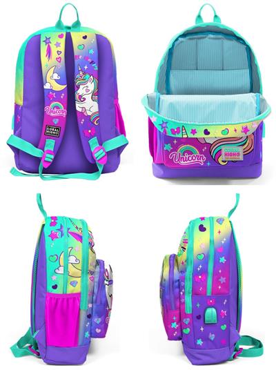 Coral High Su Yeşili Lavanta Unicorn USB Soketli Okul Çantası ve Kalemlik Seti