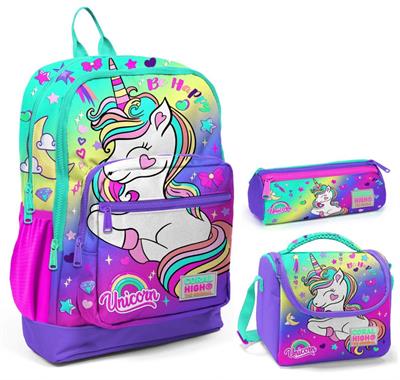 Coral High Su Yeşili Lavanta Unicorn Üçlü İlkokul Okul Çanta Seti - Kız Çocuk
