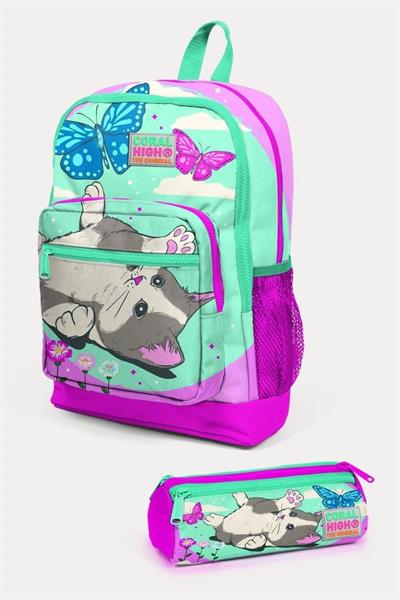 Coral High Su Yeşili Pembe Kedi Desenli 2li Okul Çanta Seti - Kız Çocuk