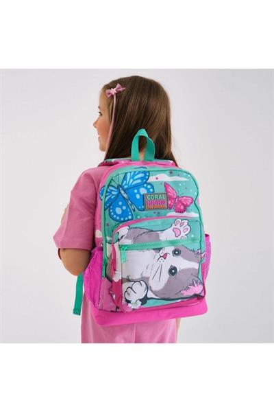 Coral High Su Yeşili Pembe Kedi Desenli 2li Okul Çanta Seti - Kız Çocuk