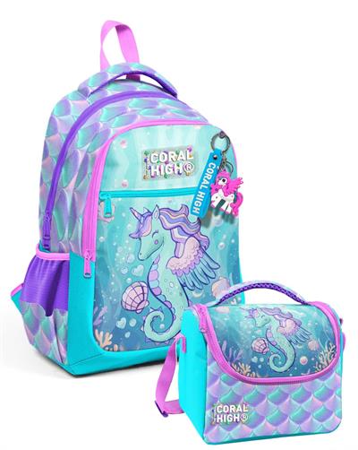 Coral High Su Yeşili Unicorn Baskılı Kız Çocuk Okul Çantası ve Thermo Beslenme Çantası Seti