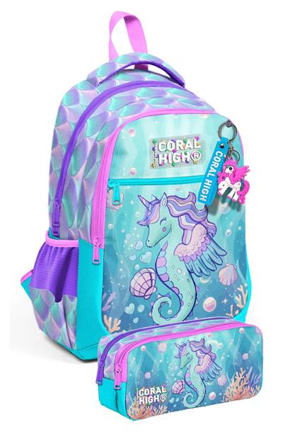Coral High Su Yeşili Unicorn Baskılı Kız Çocuk İlkokul Sırt Çantası ve Kalem Çantası Seti - SETYGN33256C