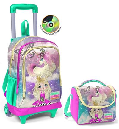 Coral High Su Yeşili Unicorn Çekçek Okul Çantası ve Beslenme Seti - Işıklı Tekerlekler - Kız Çocuk