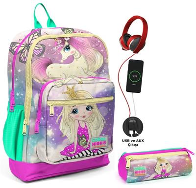 Coral High Su Yeşili Unicorn USB Soketli Okul Çantası ve Kalemlik Seti - Kız