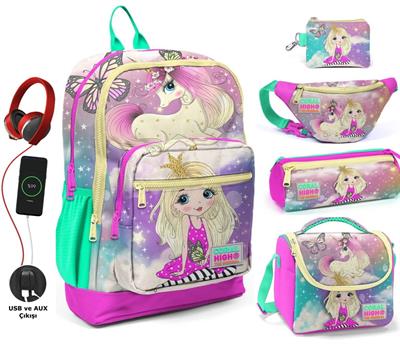 Coral High Su Yeşili Unicorn USB Soketli Beşli Okul Çantası Seti - Kız Çocuk
