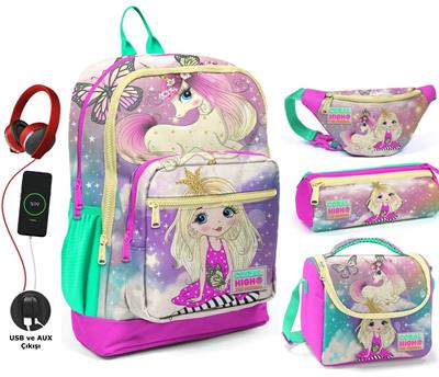 Coral High Su Yeşili Unicorn USB Soketli Okul Çanta Seti ve Bel Çantası - Kız Çocuk