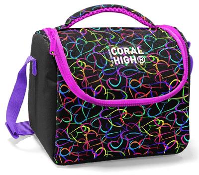 Coral High Thermo Beslenme Çantası - Kız Çocuk, Kalp Baskılı Siyah Pembe 22770