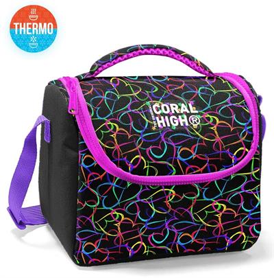 Coral High Thermo Beslenme Çantası - Kız Çocuk, Kalp Baskılı Siyah Pembe 22770