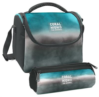 Coral High Turkuaz Gri Batik Desenli Erkek Çocuk Isı Yalıtımlı Beslenme Çantası ve Kalemlik Seti