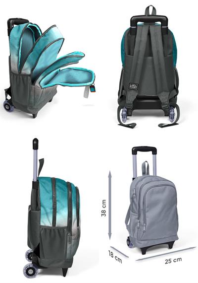 Coral High Turkuaz Gri Batik Işıklı Tekerlekli Çekçek Çanta ve Kalemlik Seti - Erkek Çocuk