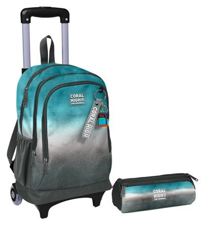 Coral High Turkuaz Gri Batik Işıklı Tekerlekli Çekçek Çanta ve Kalemlik Seti - Erkek Çocuk