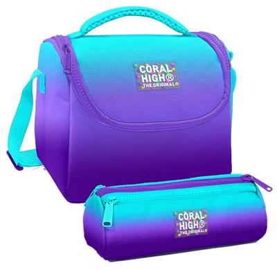 Coral High Turkuaz Mor Renk Geçişli Desenli Erkek Çocuk Isı Yalıtımlı Beslenme Çantası ve Kalemlik Seti