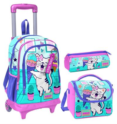 Coral High Turkuaz Pembe Dondurmalı Kedi Üçlü Çekçek Işıklı Tekerlekli Çanta Seti - Kız Çocuk