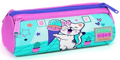 Coral High Turkuaz Pembe Dondurmalı Kedi Üç Bölmeli Kalem Çantası - Kız Çocuk