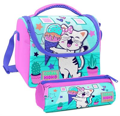 Coral High Turkuaz Pembe Dondurmalı Kedi Desenli Kız Çocuk Isı Yalıtımlı Beslenme Çantası ve Kalemlik Seti
