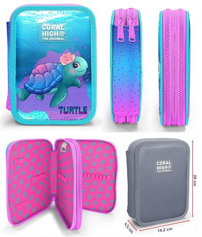 Coral High Turkuaz Pembe Kaplumbağa Kız Çocuk Okul Çantası ve Organizer Kalemlik Seti 23497+11134