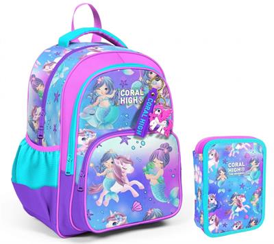 Coral High Turkuaz Unicorn Kız Çocuk Okul Çantası ve Organizer Kalemlik Seti