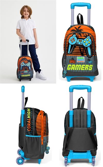 Coral High Turuncu Gamers Çekçek Okul Çantası ve Beslenme Seti - Işıklı Tekerlekler - Erkek