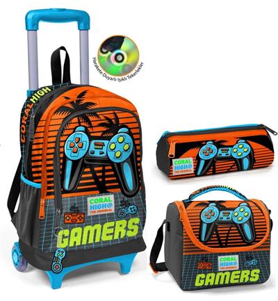 Coral High Turuncu Gamers Çekçek Okul Çantası Seti - Işıklı Tekerlekler - Erkek Çocuk