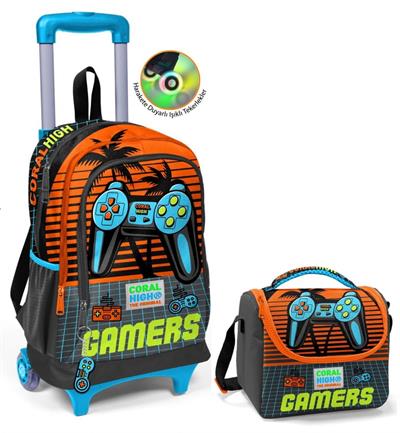 Coral High Turuncu Gamers Çekçek Okul Çantası ve Beslenme Seti - Işıklı Tekerlekler - Erkek
