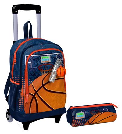 Coral High Turuncu Lacivert Basketbol Işıklı Tekerlekli Çekçek Çanta ve Kalemlik Seti - Erkek Çocuk
